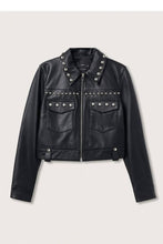 Load image into Gallery viewer, Black Women&#39;s Silver Spiked Studded Retro Motorcycle Leather Jacket
