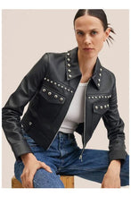 Load image into Gallery viewer, Black Women&#39;s Silver Spiked Studded Retro Motorcycle Leather Jacket
