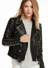 Load image into Gallery viewer, Black Women&#39;s Spiked Studded Leather Motorcycle Jacket
