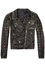 Load image into Gallery viewer, Black Women&#39;s Spiked Studded Leather Motorcycle Jacket
