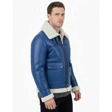 Load image into Gallery viewer, Men Blue Sheepskin B3 Bomber Jacket In Aviator Style With Real Shearling Lining
