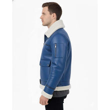 Load image into Gallery viewer, Men Blue Sheepskin B3 Bomber Jacket In Aviator Style With Real Shearling Lining
