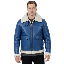 Load image into Gallery viewer, Men Blue Sheepskin B3 Bomber Jacket In Aviator Style With Real Shearling Lining
