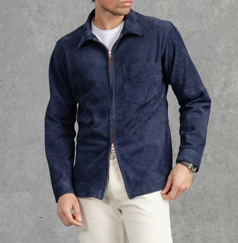 Blue Suede Cafe Racer Leather Jacket for Men