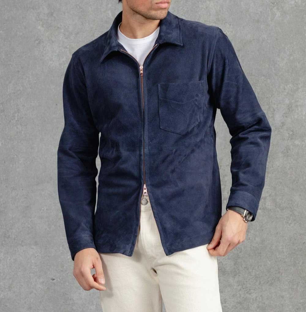 Blue Suede Cafe Racer Leather Jacket for Men