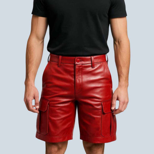 Bold Red Leather Cargo Shorts for Men