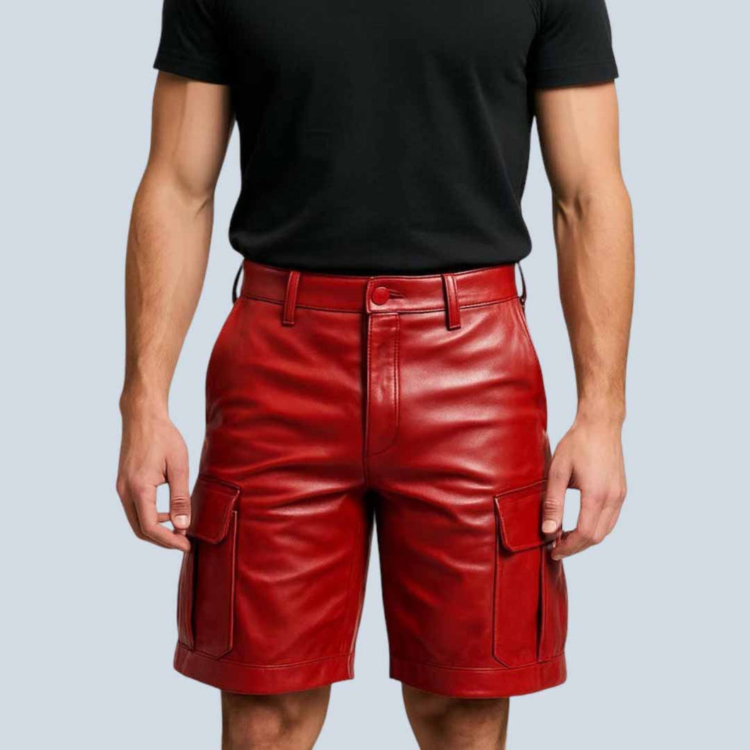Bold Red Leather Cargo Shorts for Men