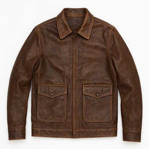Men’s Classic Brown Distressed Bomber Leather Jacket