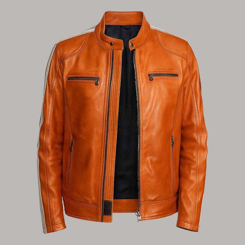 Burnt Orange Sheepskin Leather Biker Jacket for Men