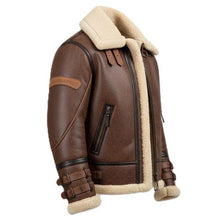 Load image into Gallery viewer, Men Brown Real Sheepskin Bomber Jacket In Distressed Finish With Shearling Lining
