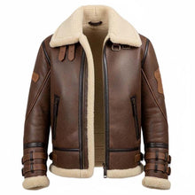 Load image into Gallery viewer, Men Brown Real Sheepskin Bomber Jacket In Distressed Finish With Shearling Lining
