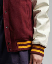 Load image into Gallery viewer, buy womens maroon varsity leather jacket with white sleeves
