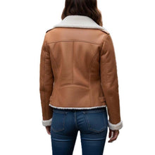 Load image into Gallery viewer, Women's Lambskin Leather Aviator Jacket in Tan Brown with White Faux Shearling Lining
