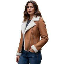 Load image into Gallery viewer, Women's Lambskin Leather Aviator Jacket in Tan Brown with White Faux Shearling Lining
