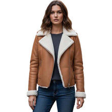 Load image into Gallery viewer, Women's Lambskin Leather Aviator Jacket in Tan Brown with White Faux Shearling Lining
