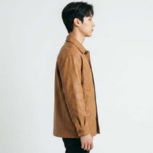 Load image into Gallery viewer, Men Camel Brown Leather Shacket with Minimalist Smart Casual Style

