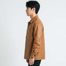 Load image into Gallery viewer, Men Camel Brown Leather Shacket with Minimalist Smart Casual Style
