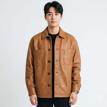 Load image into Gallery viewer, Men Camel Brown Leather Shacket with Minimalist Smart Casual Style
