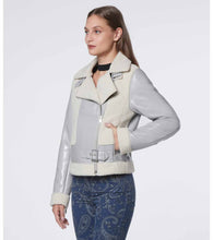 Load image into Gallery viewer, custom womens light blue shearling leather biker jacket
