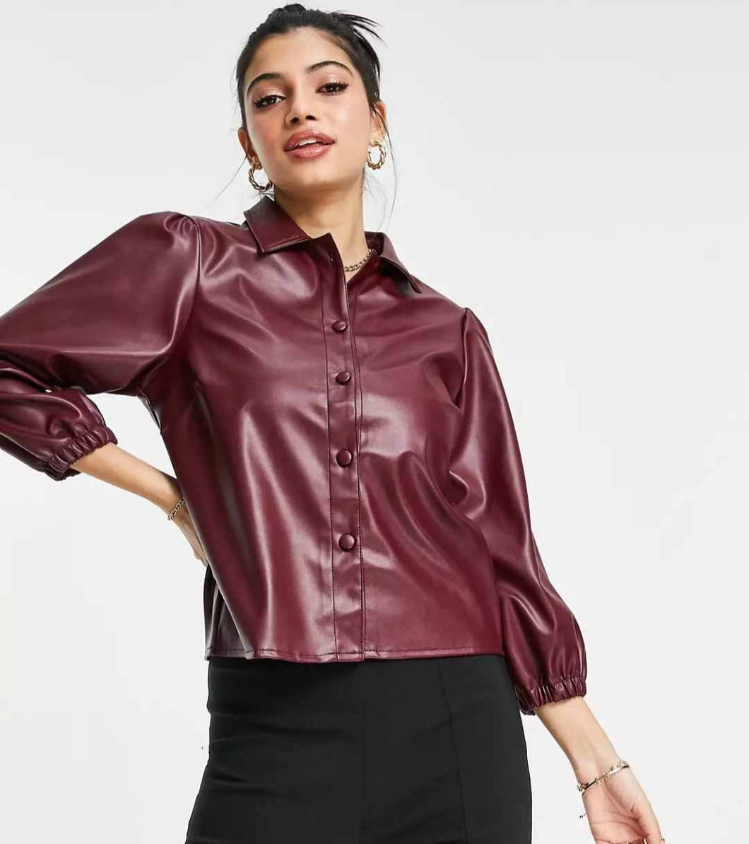 custom womens maroon full sleeve leather shirt