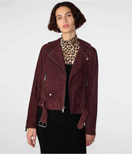 Load image into Gallery viewer, Women&#39;s Maroon Suede Biker Leather Jacket
