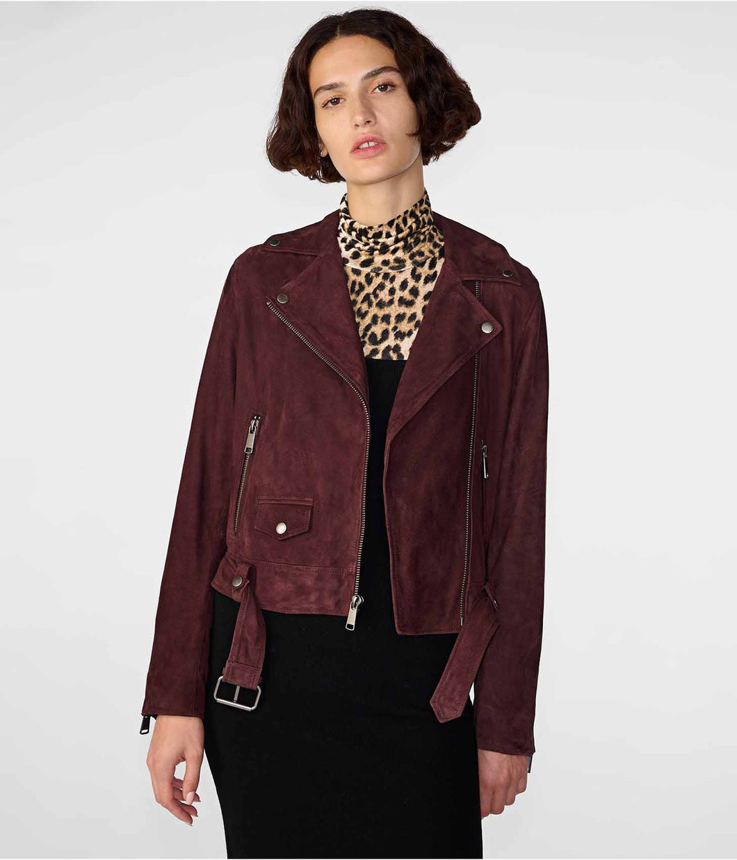 Women's Maroon Suede Biker Leather Jacket