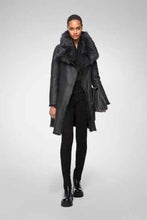 Load image into Gallery viewer, custom womens matte black sheepskin leather coat
