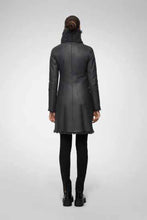 Load image into Gallery viewer, designer womens matte black sheepskin leather coat
