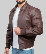 Load image into Gallery viewer, Men's Brown Genuine Leather Fonzie Jacket with Rib Knit Cuffs Classic Vintage Style
