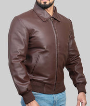 Load image into Gallery viewer, Men's Brown Genuine Leather Fonzie Jacket with Rib Knit Cuffs Classic Vintage Style

