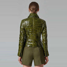 Load image into Gallery viewer, Crocodile Embossed Green Leather Biker Jacket

