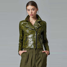 Load image into Gallery viewer, Crocodile Embossed Green Leather Biker Jacket
