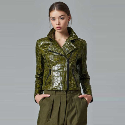 Crocodile Embossed Green Leather Biker Jacket