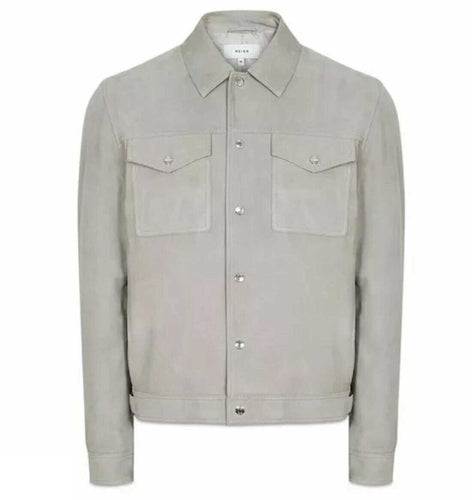Grey Suede Leather Shirt Jacket for Men