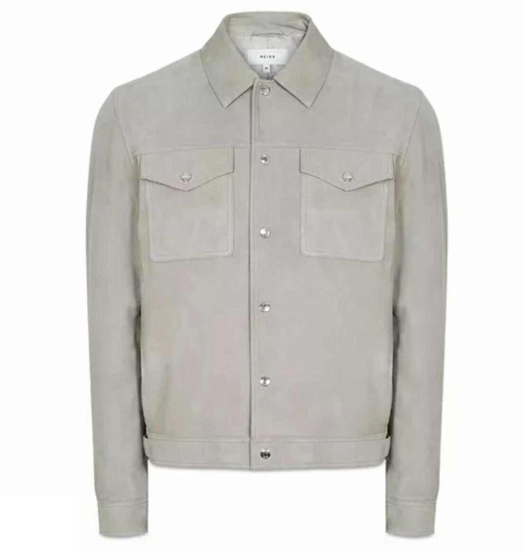 Grey Suede Leather Shirt Jacket for Men