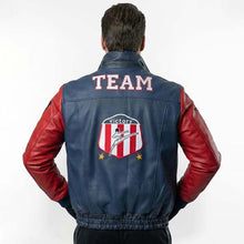 Load image into Gallery viewer, Men's Navy Blue Leather Johnny Cage Jacket with Red Sleeve Retro Bomber Style and Embroidered MK2 Detail
