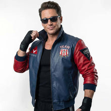 Load image into Gallery viewer, Men's Navy Blue Leather Johnny Cage Jacket with Red Sleeve Retro Bomber Style and Embroidered MK2 Detail
