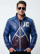 Load image into Gallery viewer, Men's Blue Leather Johnny Cage Jacket with Turquoise Accents and Mortal Kombat 2 Cosplay Style
