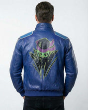 Load image into Gallery viewer, Men's Blue Leather Johnny Cage Jacket with Turquoise Accents and Mortal Kombat 2 Cosplay Style

