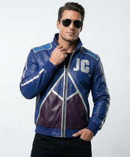 Load image into Gallery viewer, Men's Blue Leather Johnny Cage Jacket with Turquoise Accents and Mortal Kombat 2 Cosplay Style
