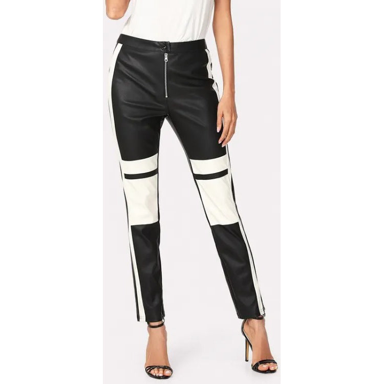 Ladies Two Tone Black & White Leather Pants for Fall