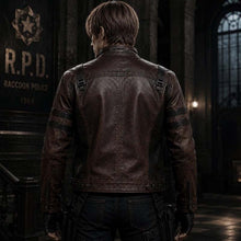 Load image into Gallery viewer, Men's Black Leather Jacket with Stand Collar in Leon S Kennedy RE9 Requiem Style

