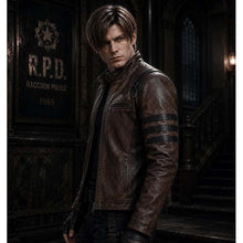 Load image into Gallery viewer, Men's Black Leather Jacket with Stand Collar in Leon S Kennedy RE9 Requiem Style
