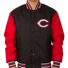 Load image into Gallery viewer, Stylish Cincinnati Reds Black and Red Letterman Varsity Jacket
