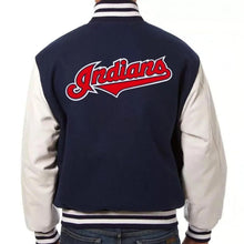 Load image into Gallery viewer, Stylish Cleveland Indians Blue and White Letterman Varsity Jacket
