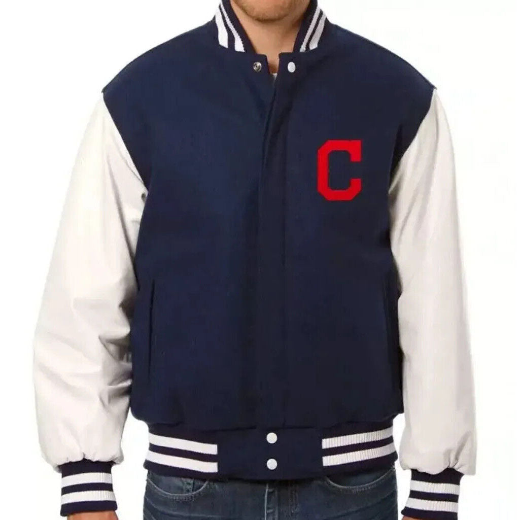 Stylish Cleveland Indians Blue and White Letterman Varsity Jacket