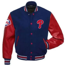 Load image into Gallery viewer, Stylish Philadelphia Phillies Blue and Red Letterman Varsity Jacket
