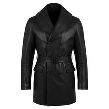 Load image into Gallery viewer, Men Black Genuine Leather Trench Coat with Belt in Vintage Biker Style
