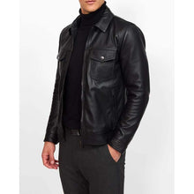 Load image into Gallery viewer, Men Black Lambskin Leather Biker Jacket with Asymmetrical Zip Design
