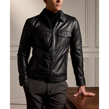 Load image into Gallery viewer, Men Black Lambskin Leather Biker Jacket with Asymmetrical Zip Design
